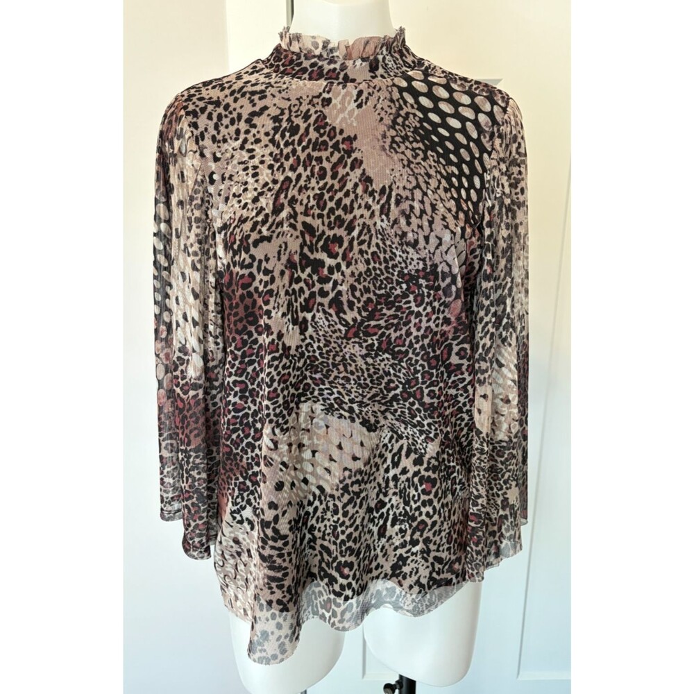 CHICOS Womens Knit TOP 3/4 Sleeve BLACK Tan Burgundy Animal Print Size 1 (M)